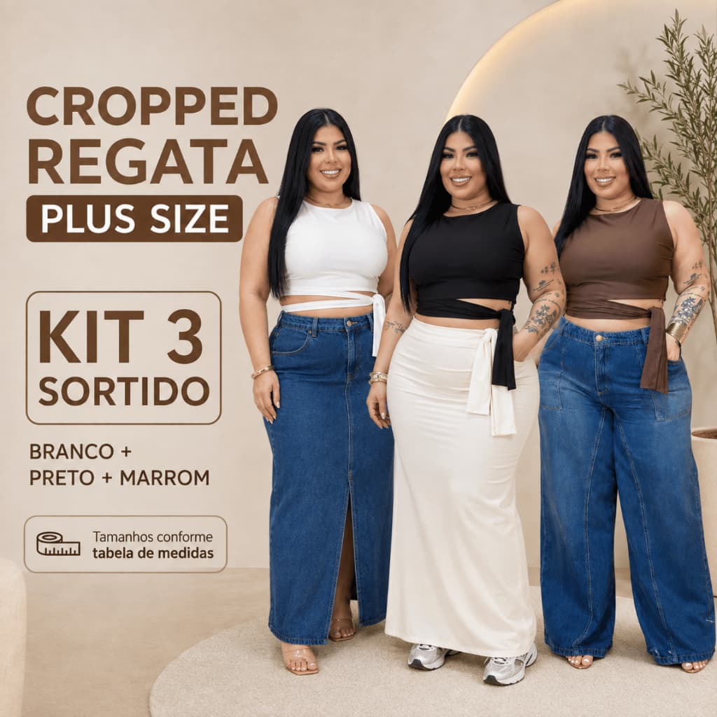 Kit 3 Cropped Regata Plus Size Feminino com Amarração Branco Preto Marrom G1 G2 G3