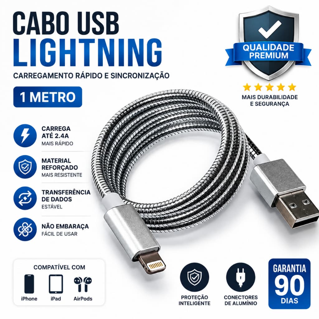 Cabo Lightning Reforçado Metálico 1 Metro - iPhone/iPad
