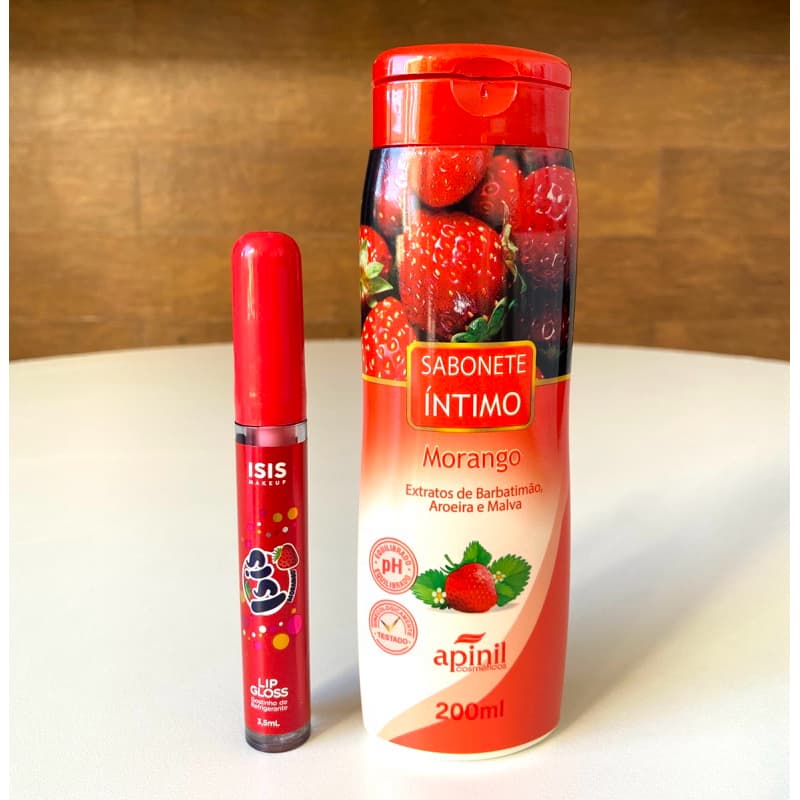 Kit Feminino 2 pçs Sabonete Íntimo Apinil 200 ml + Gloss Labial Isis Makeup Sabor e Aroma Morango
