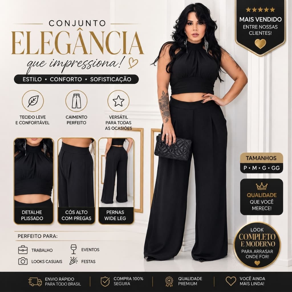 CONJUNTO CALÇA ENVELOPE E CROPPED - Elegante Conjunto Pantalona Social Feminino - Tecido VISCOLINHO.