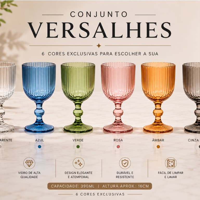 6 Taças Versalhes 390ml – Taças de Vidro Canelado Elegantes para Água, Sucos e Drinks