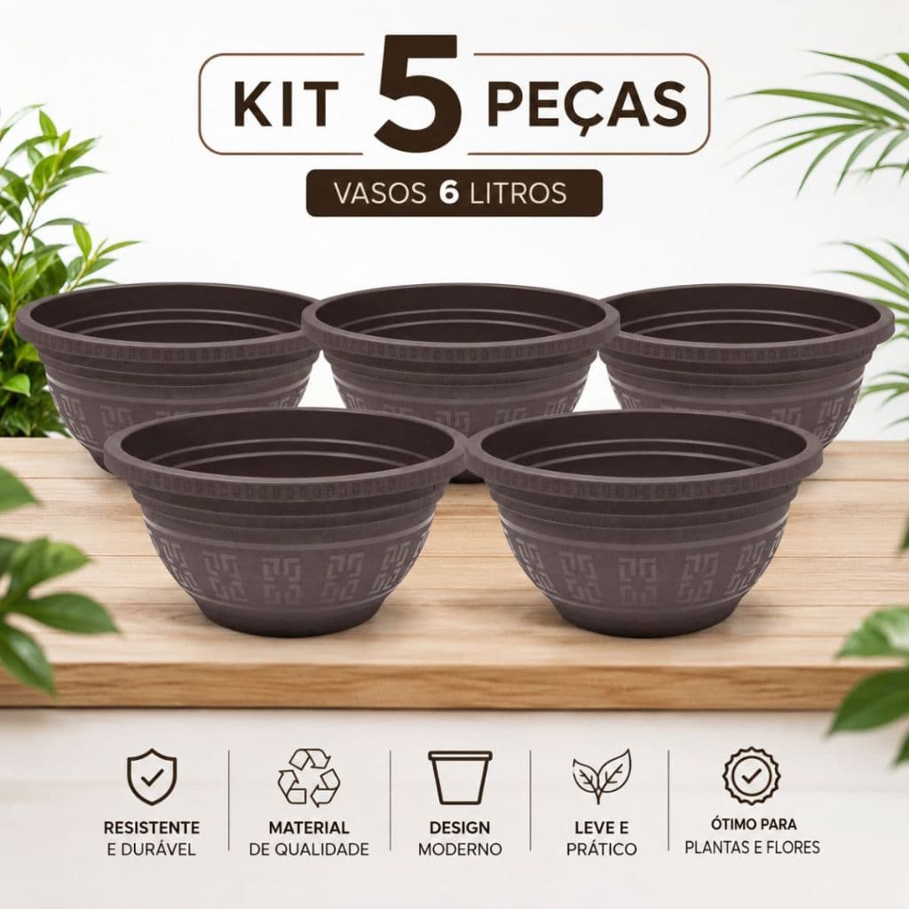Kit 5 Vasos Plasticos Redondos Tacho 6L Para Casa Jardins Flores Plantas  Mudas