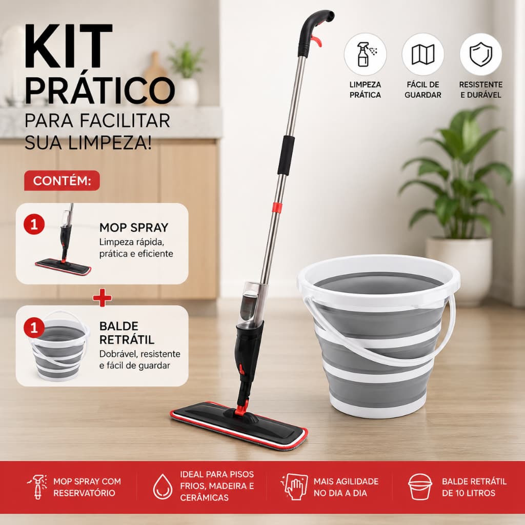 Kit Mop Magico Spray Com Reservatório + Balde Retratil Dobravel Multiuso Limpeza Casa Cozinha Banheiro