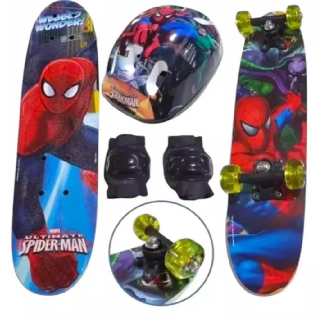 Skate Infantil Homem Aranha Vingadores  Frozen + Kit de Proteção com rodas gel e LED