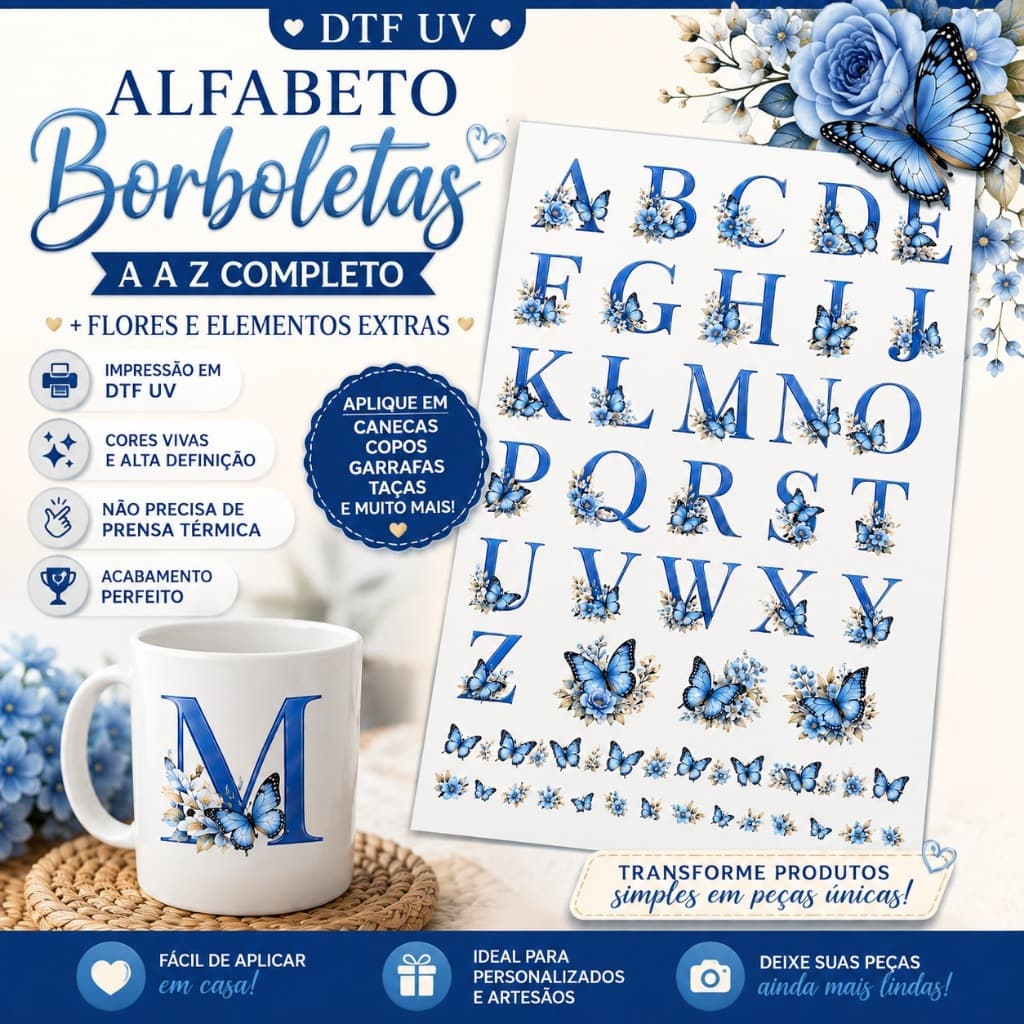Adesivos DTF UV Alfabeto Borboletas Azul A a Z | Adesivo Floral para Caneca Copo Garrafa Taça Personalizados