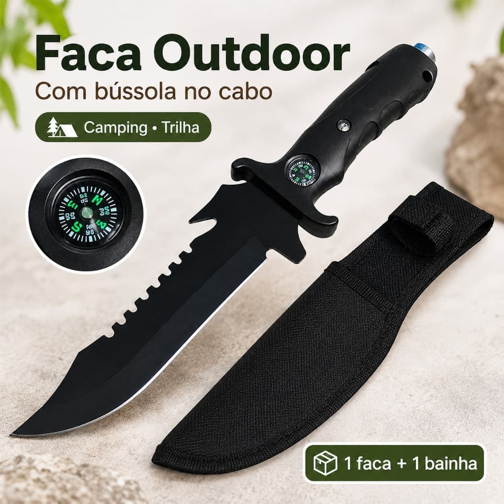 Faca para Camping com Bainha e Bússola Integrada, Cabo Antiderrapante e Borda Serrilhada