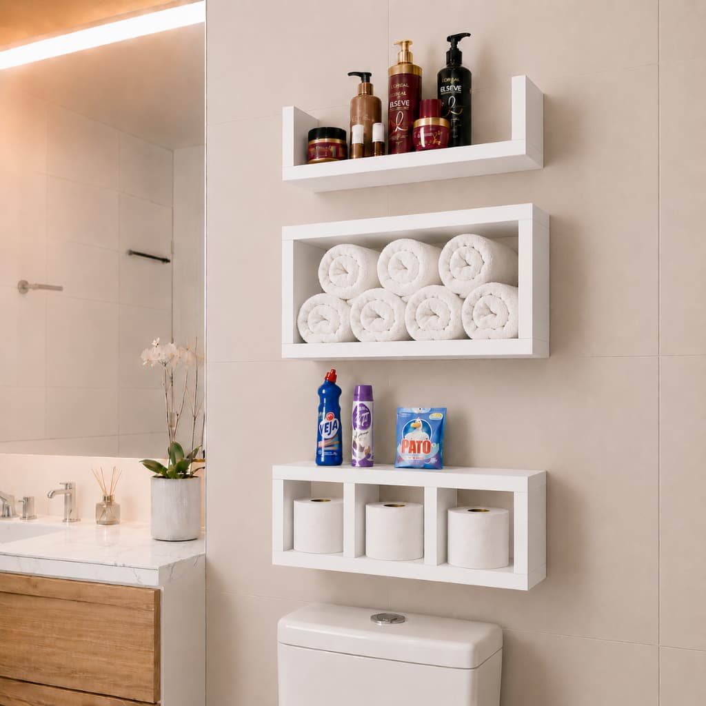 Kit 3 Prateleiras Nichos para Banheiro Organizador em Preto ou Branco decorativo 100% Mdf