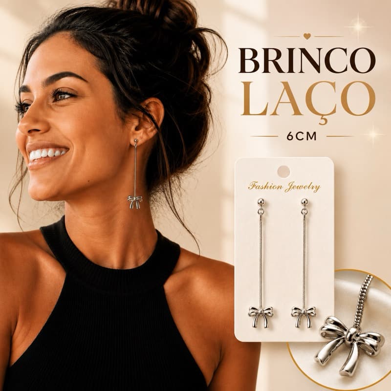 Brinco Laço Minimalista Feminino 6cm Prateado Festa Casual
