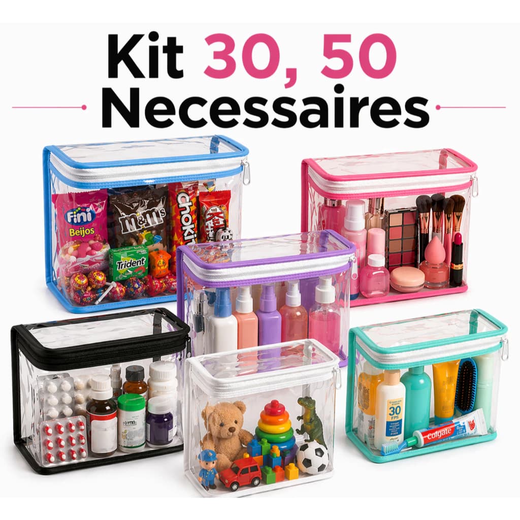 Kit Necessaires 30 e 50 Transparentes com Zíper | Organizadores Viagem kit festa e Dia a Dia