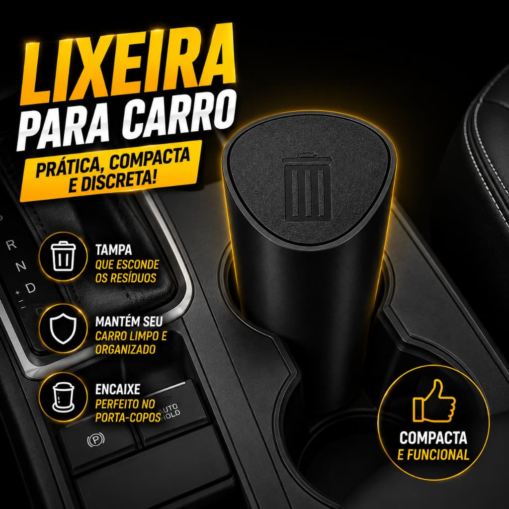 Mini Lixeira para Carro Porta-Copos Automotiva com Tampa Organizador de Console Preto Compacta Universal