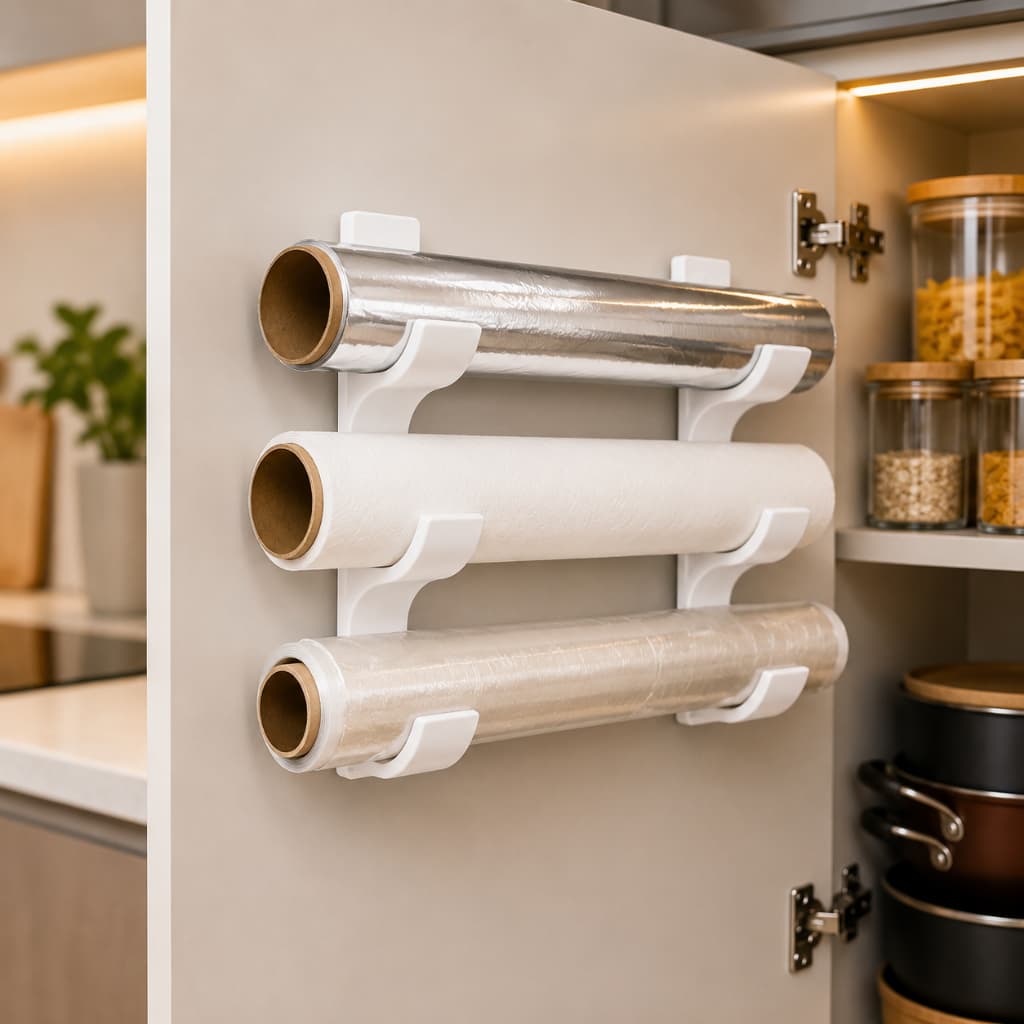Organizador para rolos de cozinha, papel alumínio e papel manteiga, saco para carnes e verduras organização do armário.