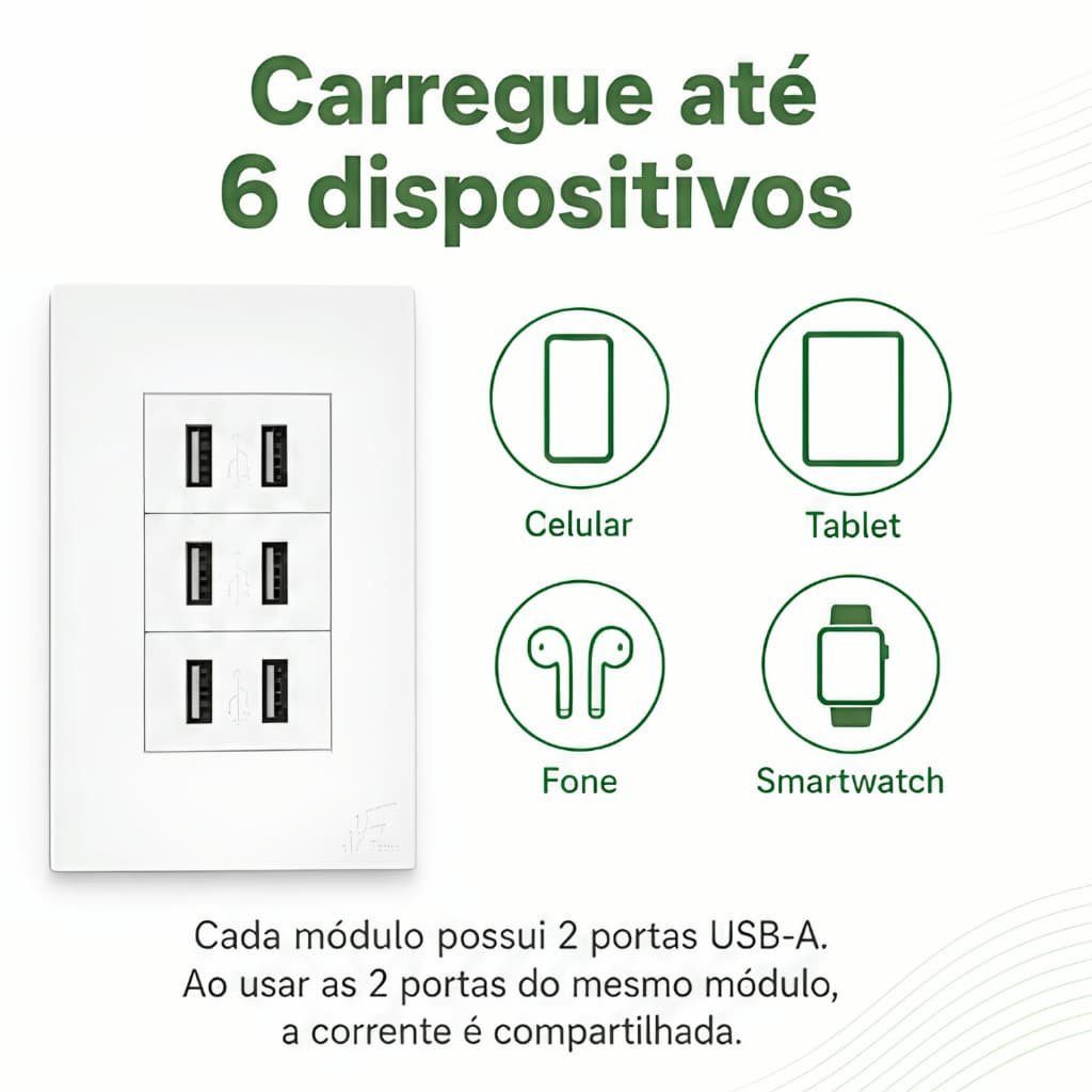 Tomada USB Parede 6 Portas Carregador 3 Modulos 4x2 Bivolt Branca Cinza Opcao USB A ou A e Tipo C