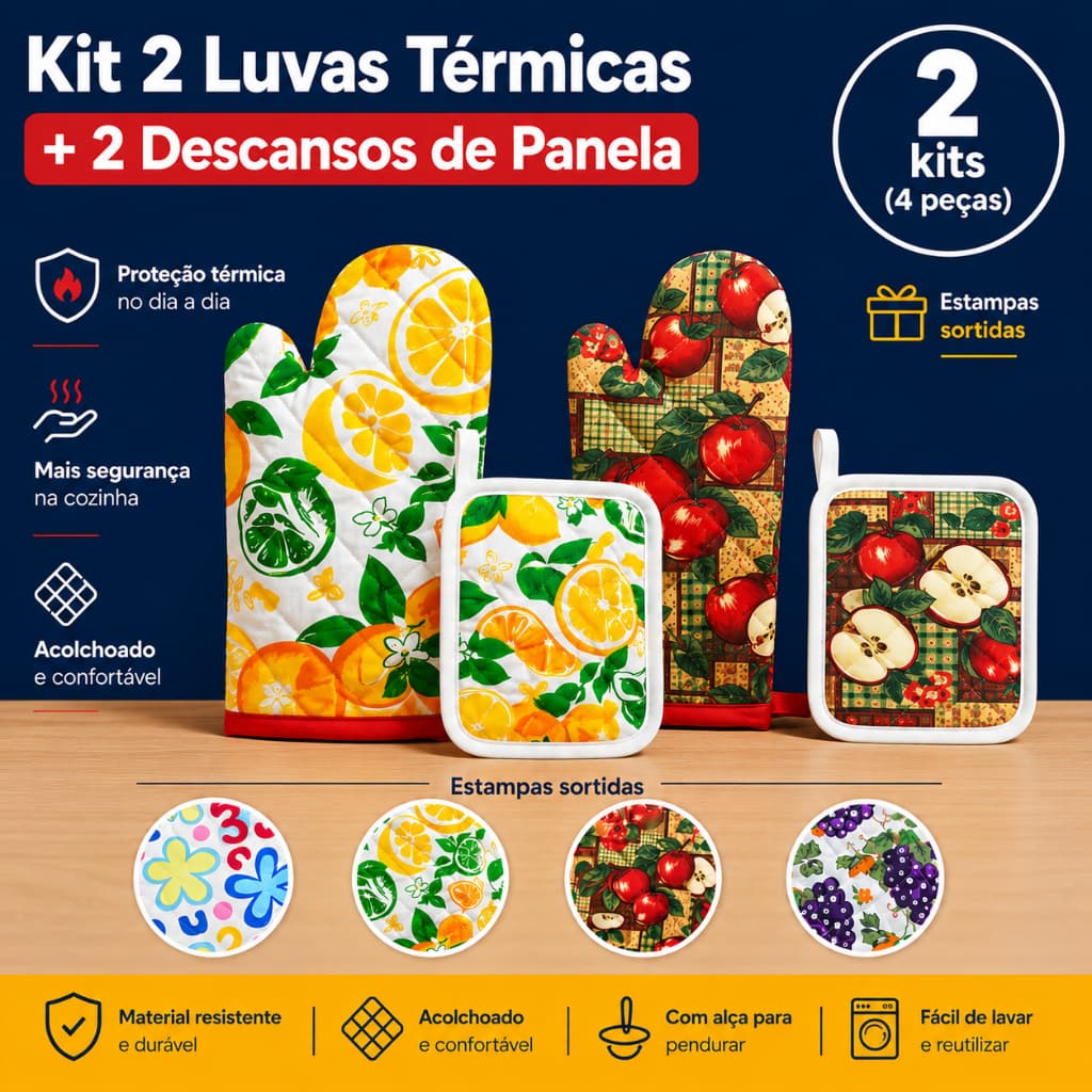 Kit 2 Luva Térmica Forno Fogão Cozinha + 2 Descanso de Panela Pegador Térmico  Panela Quente 4 Peças