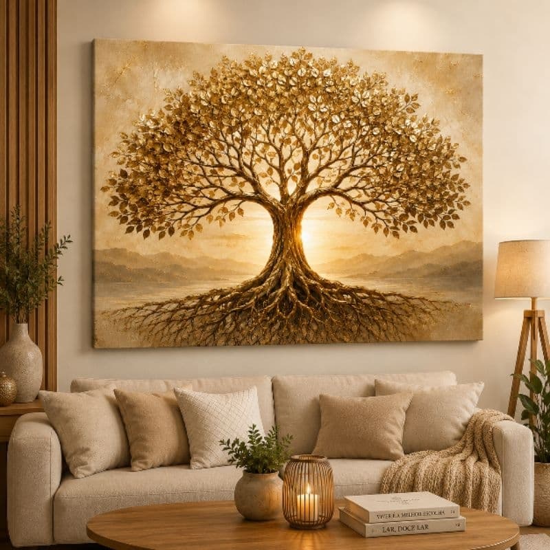 Quadro Decorativo Árvore da Vida 1 Peça Dourado Luxo Sala Quarto Decoração Moderna