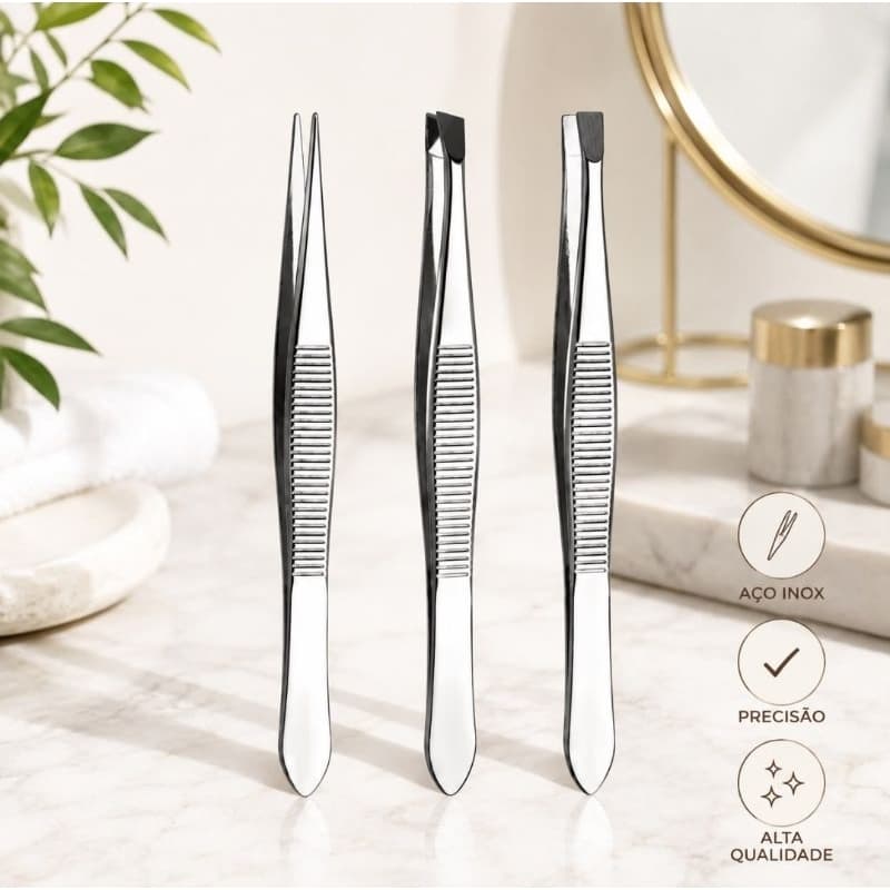 Pinça Aço Inox Chanfrada Fina Reta Design Sobrancelha Design Profissional Kit 3 peças