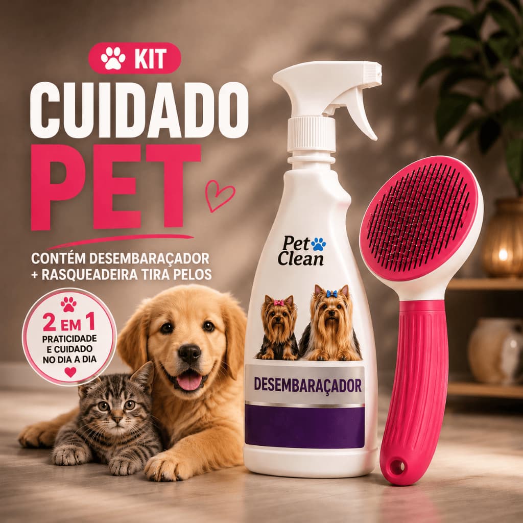 Kit Desembaraçador Pet Clean + Rasqueadeira Tira Pelos para Cachorro e Gato | Escova Removedora de Pelos