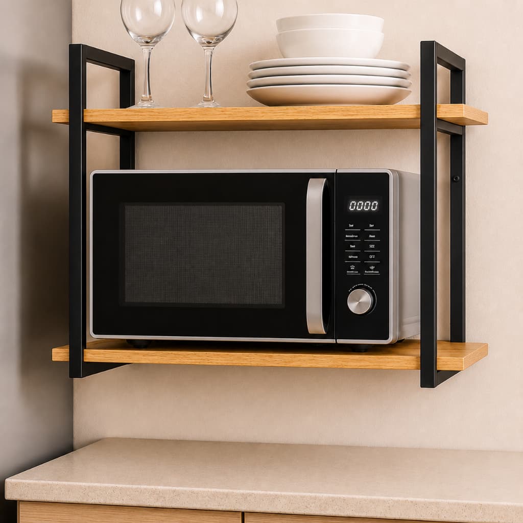 Prateleira Dupla Suspensa Industrial Suporte Microondas Forno Air Fryer Ferro Madeira