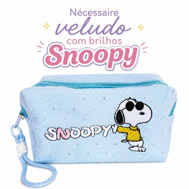 Nécessaire Snoopy Veludo com Brilhos Feminina  com Alça de Mão