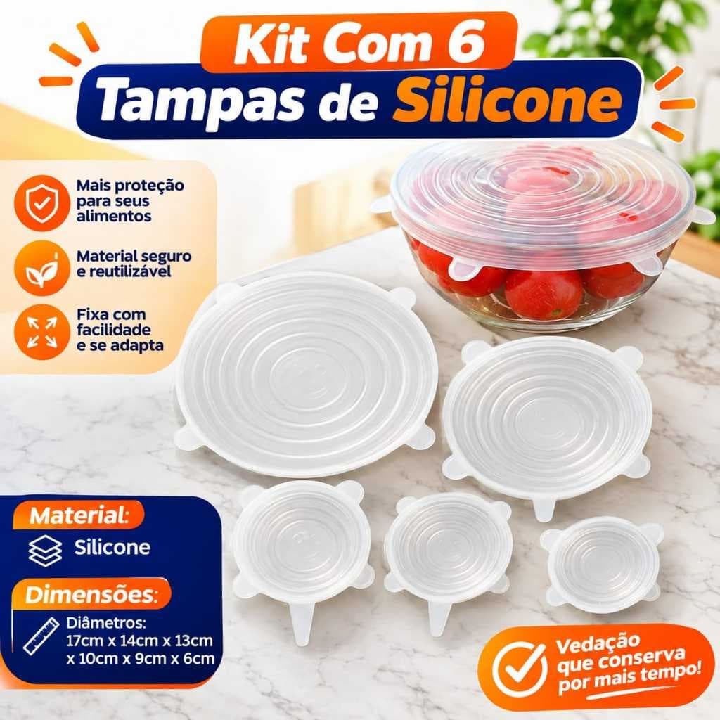 Kit 6 Tampas de Silicone Universal para Panela Recipiente Reutilizável Elástica Geladeira🥗