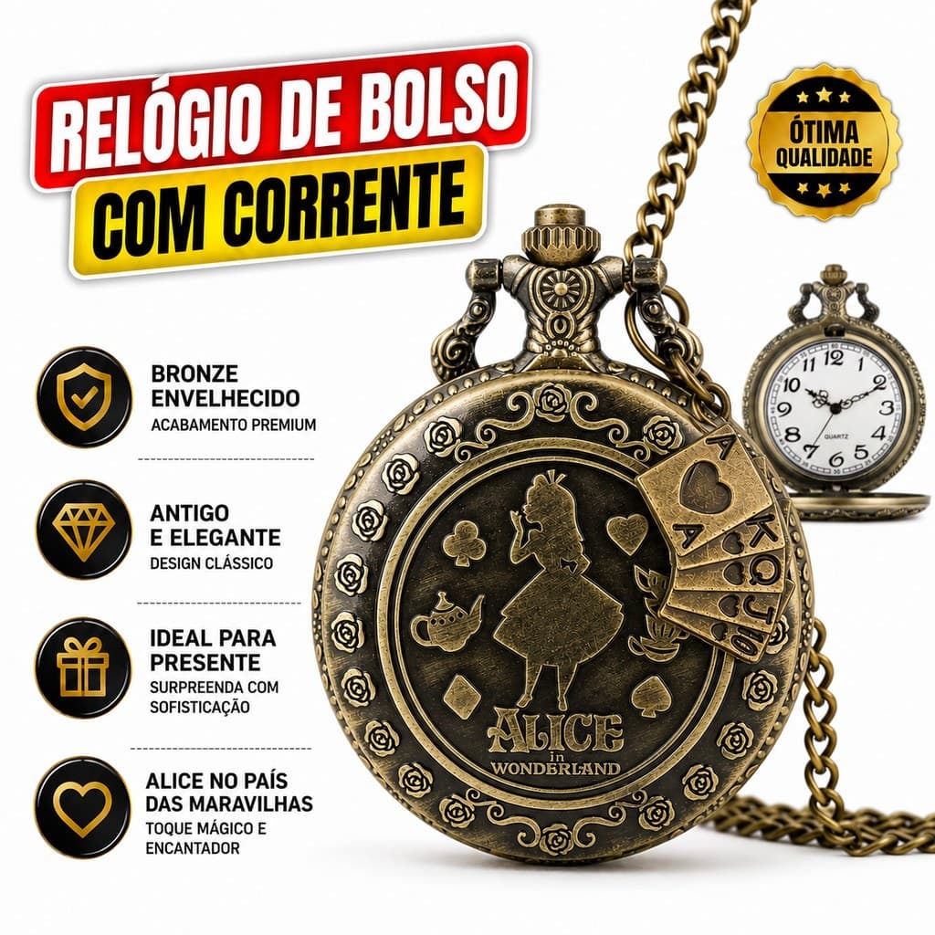 Relógio de Bolso Alice no País das Maravilhas - Design Retro e Casual 47mm Bronze