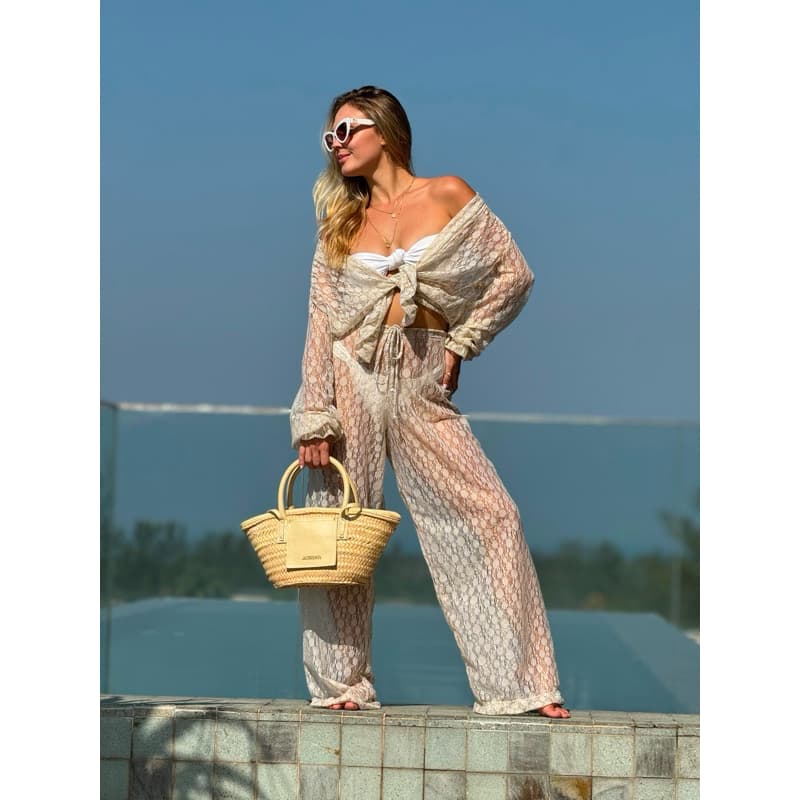 Conjunto Feminino Renda + Calça Pantalona Praia Verão