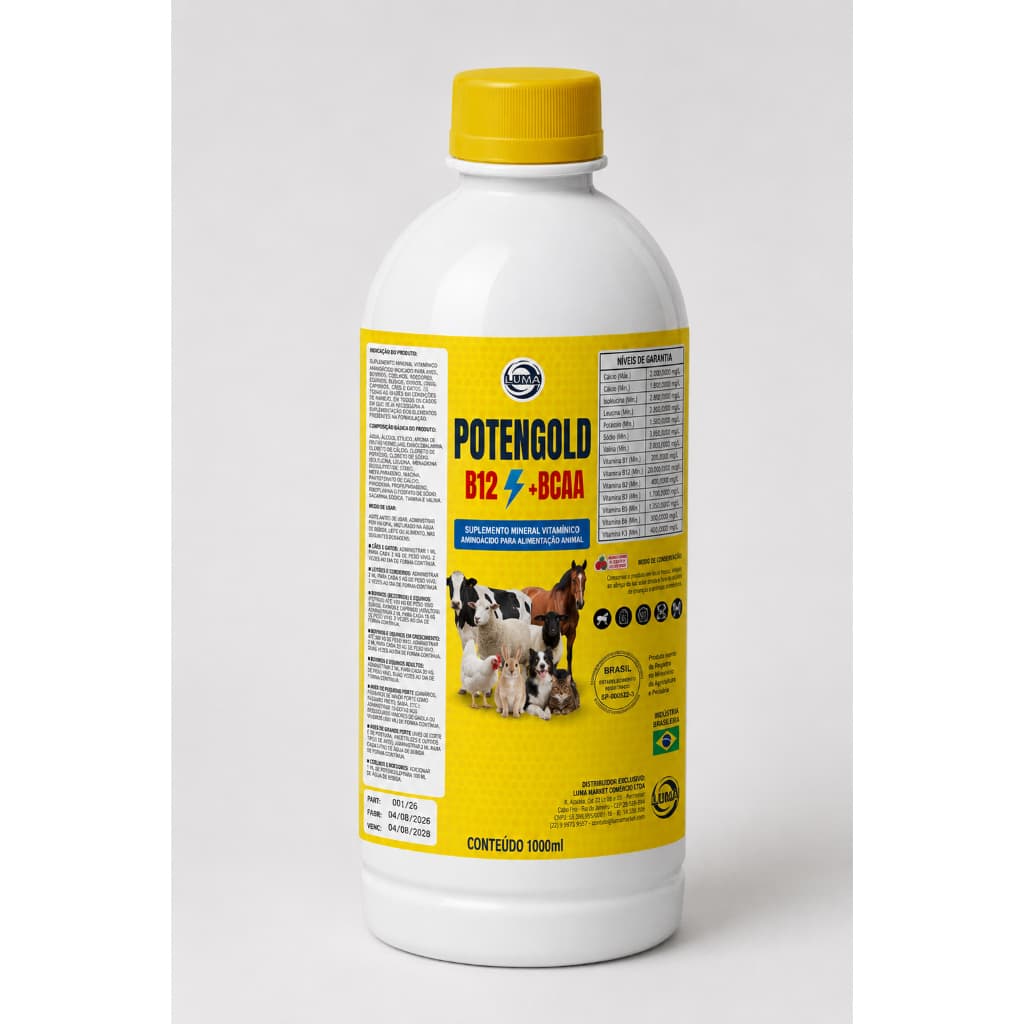 Suplemento Vitaminas Potengold B12 Para Animais de Pequeno e Grande Porte Nutrição Oral 1 Litro