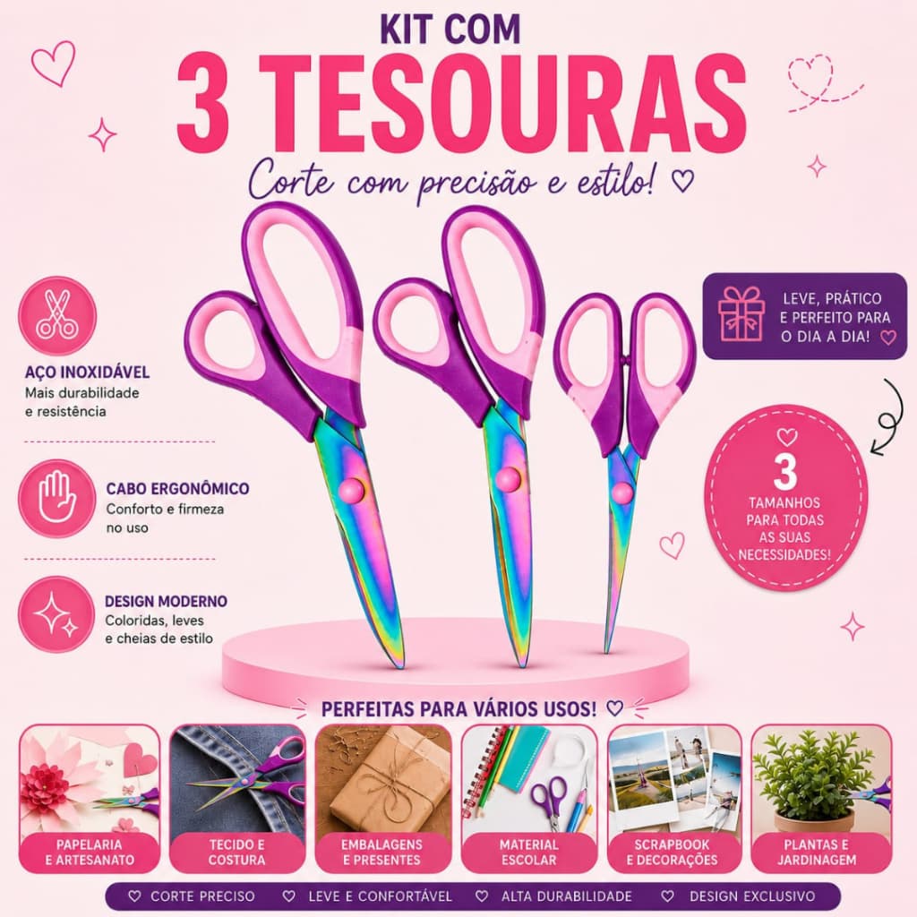 Tesoura Titânio Conjunto 3 Unidades Corte Manual Artesanato Tecido Papel Costura
