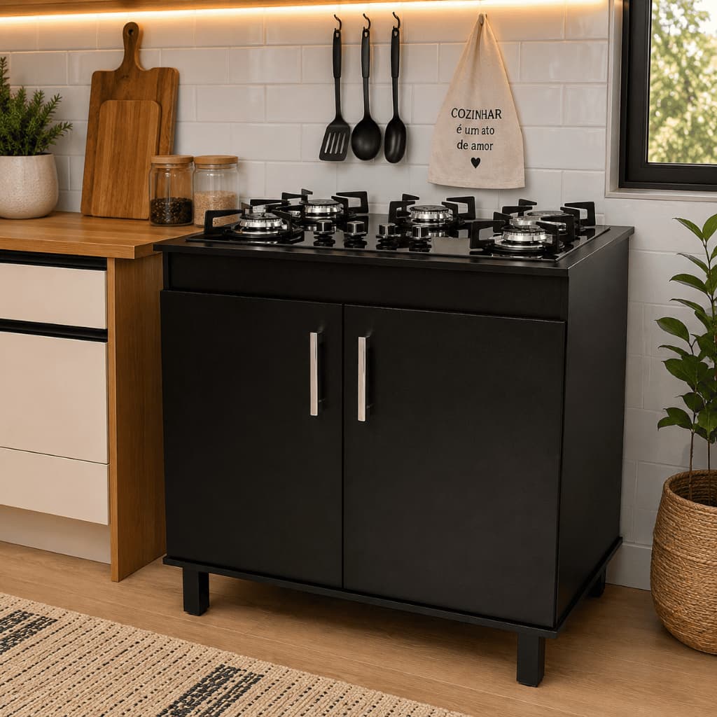 Balcão para Cooktop 80cm Preto 2 Portas Armário de Cozinha MDF