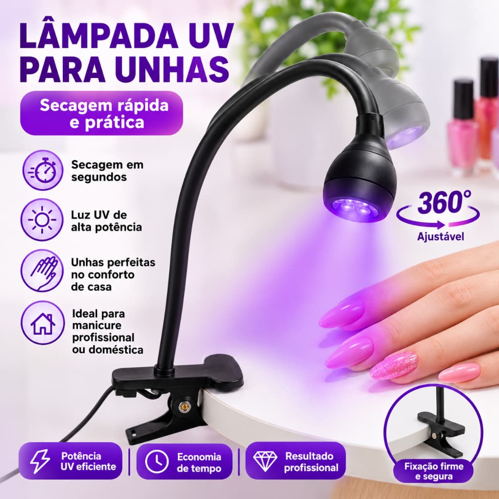 Lâmpada UV LED para Unhas com Presilha Flexível, Secagem Rápida para Esmalte em Gel, Manicure Portátil