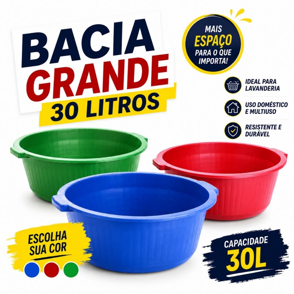 Bacia Canelada Gigante 30 Litros Com Alça Reforçada Grande Lavanderia Multiuso Utilidades Roupa
