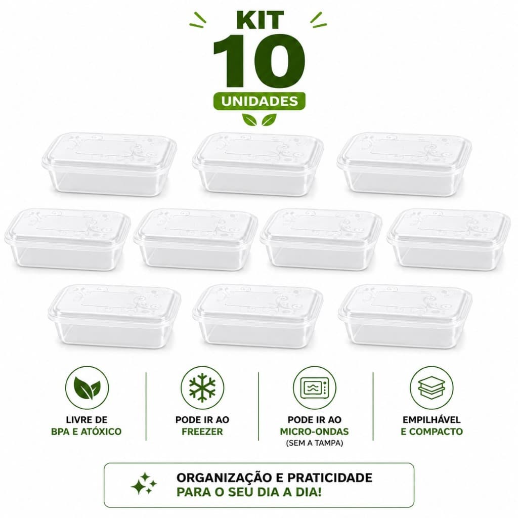 Kit 10 Potes Plástico  1.5 Litro Transparente Fit Fitness Marmita Marmitex Microondas Salada