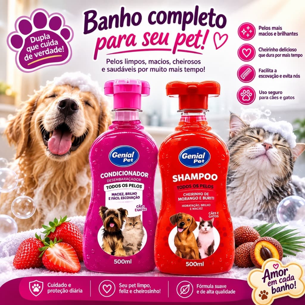 Kit Shampoo Pet Morango + Condicionador Frutas Vermelhas Cachorro Cheiroso Banho e Tosa