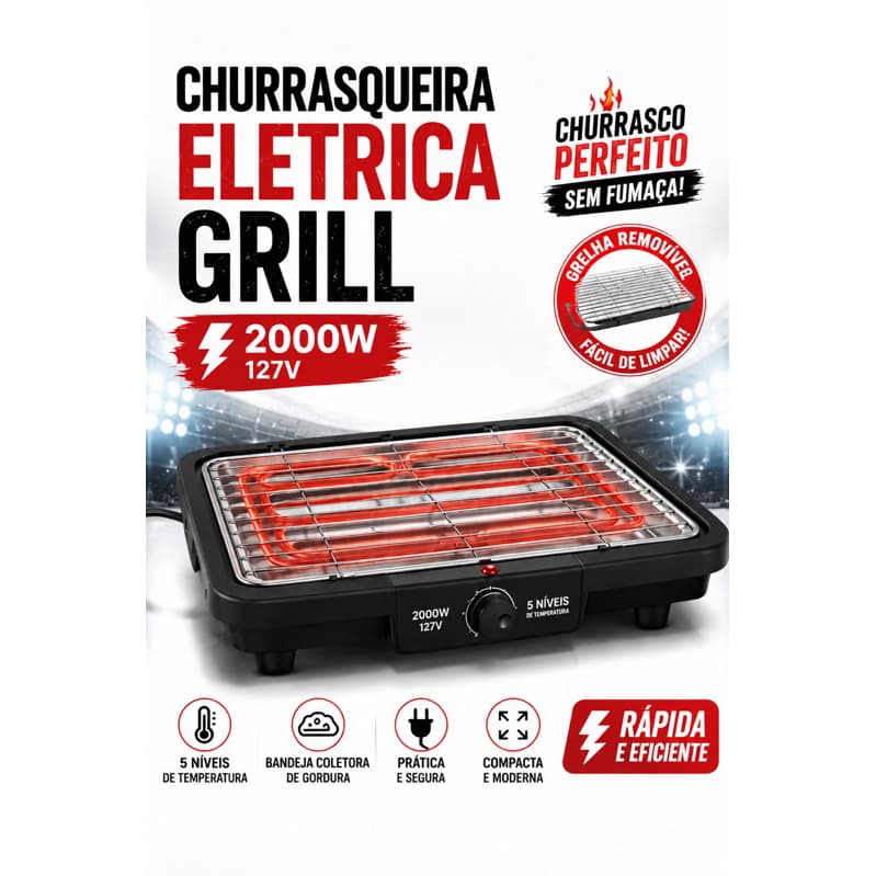CHURRASQUEIRA ELÉTRICA 127V GRILL 2000W Grelha Removível Anti Fumaça Portátil Preta