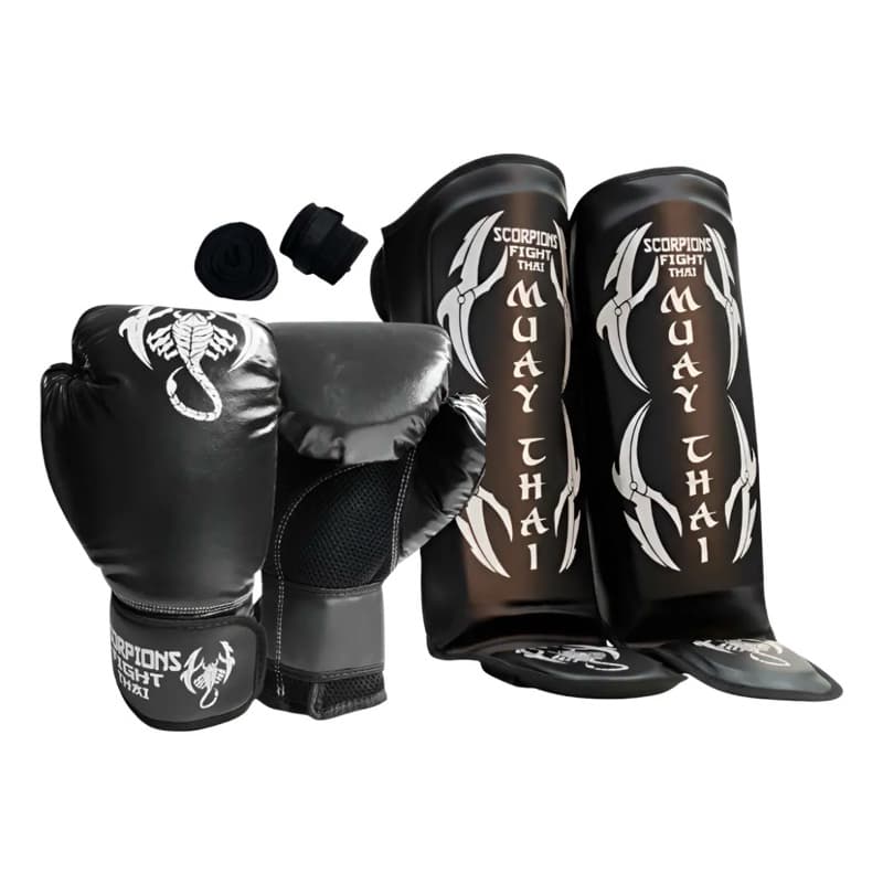 Kit completo Luva Boxe Muai Thay Bamdagem 3 metros Caneleira e Pretetor Bucal Scorpions Fight