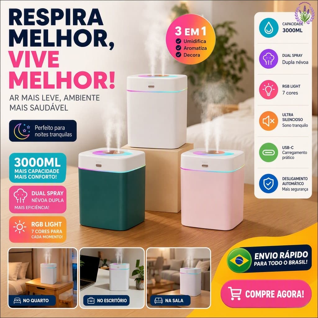 Umidificador De Ar Grande 3000ML Saída Dupla Luzes LED Coloridas Silencioso e Neblinas Controláveis