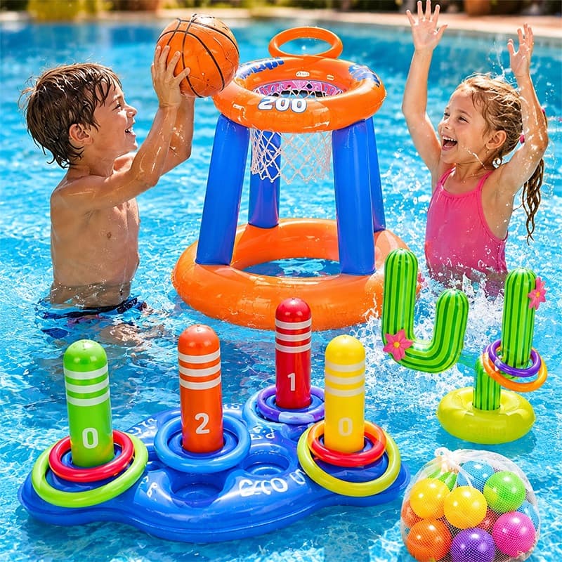 Kit Piscina Infantil Inflável 14 Peças com Cesta de Basquete Jogo de Argolas, Bolas e Bomba de Ar Brinquedo Piscina