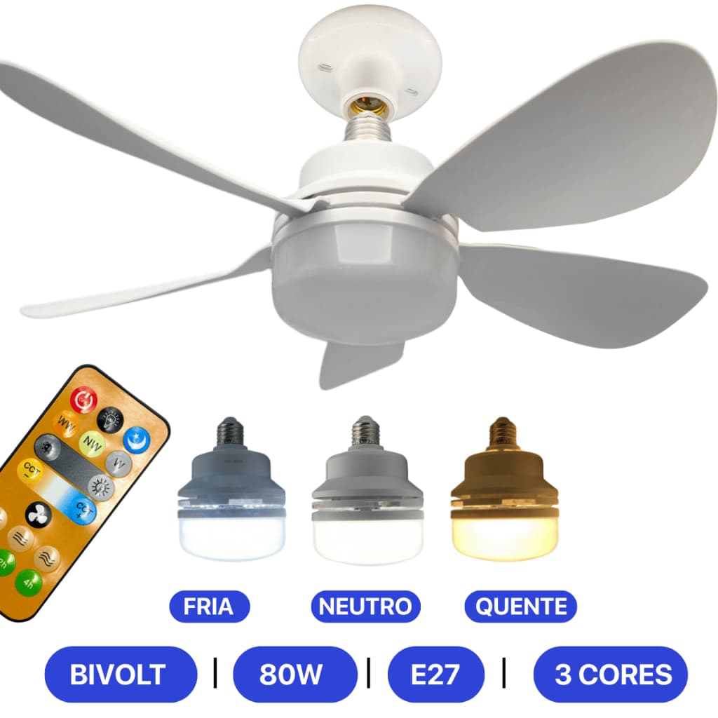 Ventilador de Teto LED E27 80W Bivolt com Controle Remoto Silencioso 5 Pás 3 Cores para Quarto Sala Cozinha