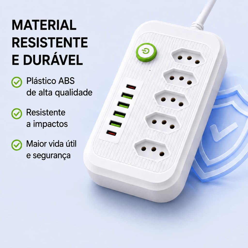 Régua Filtro de Linha com 5 Tomadas Extensão Elétrica 4 USB e 1 USB-C Bivolt 10A 110v/220v Cabo de 2 Metros