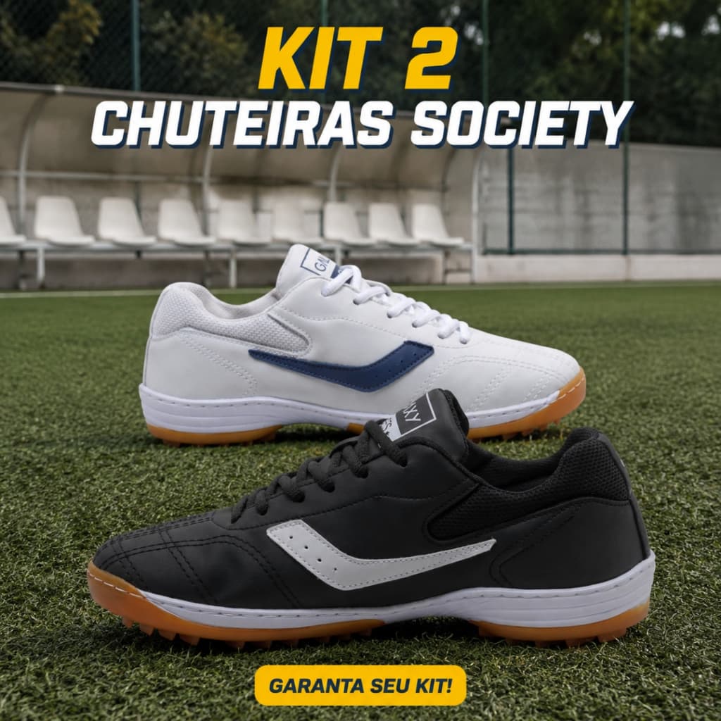 KIT 2 PARES Chuteira Society Futebol Campo Grama Sintética Solado Reforçado Leve Confortável Resistente Durável