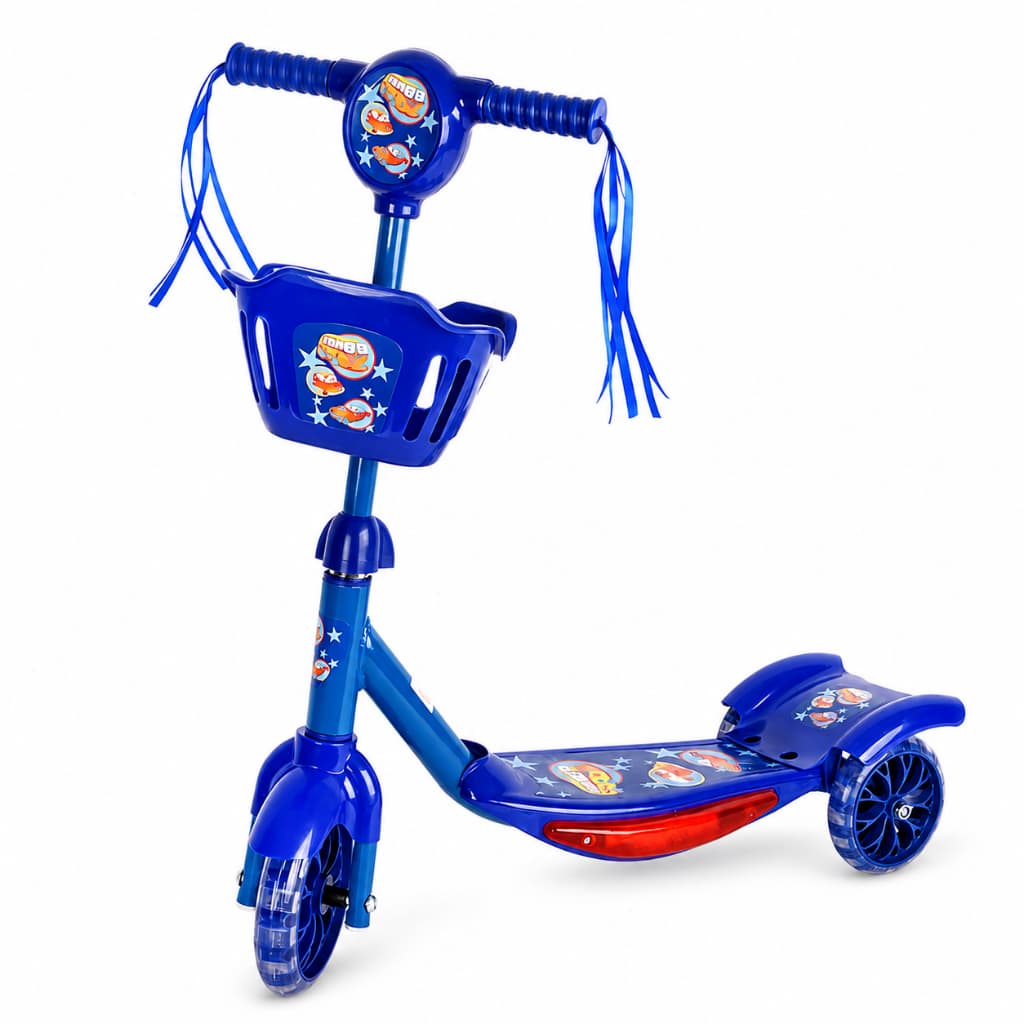 Patinete Infantil 3 Rodas Azul com Luz LED e Som Guidão Ajustável Cesto Frontal Criança Menino até 40kg