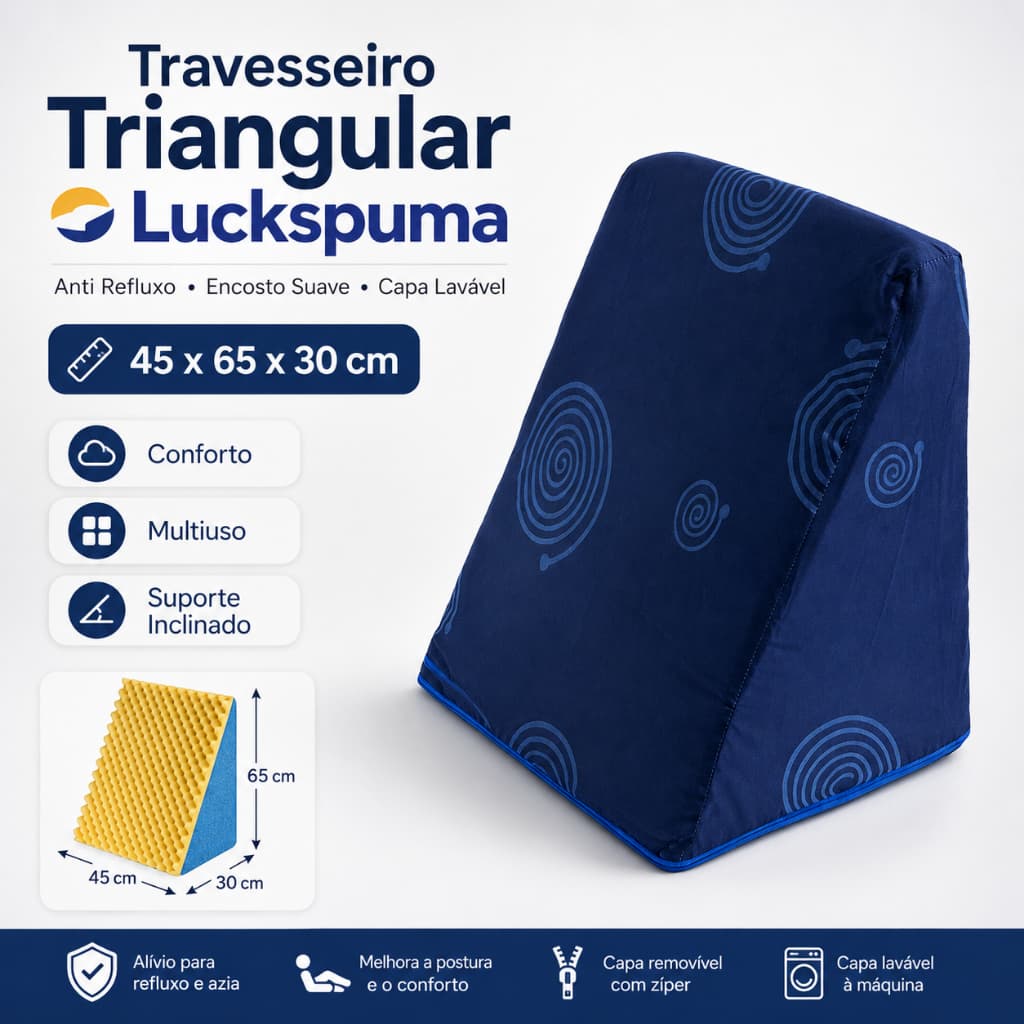 Travesseiro Triangular Anti Refluxo Luckspuma 45x65x30cm Encosto Ortopédico Capa Lavável Adulto Multiuso