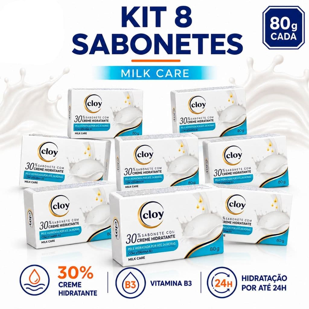 Kit 08 Sabonetes Cloy Milk Care 80g Com 30% Creme Hidratante Sabonete Hidratante Branco