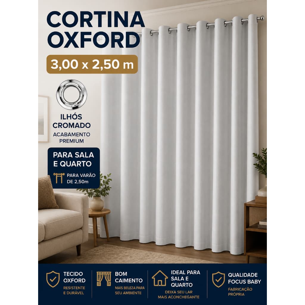 Cortina Oxford 3,00x2,50m para Sala e Quarto com Ilhós cromado para Varão 2,5 premiun
