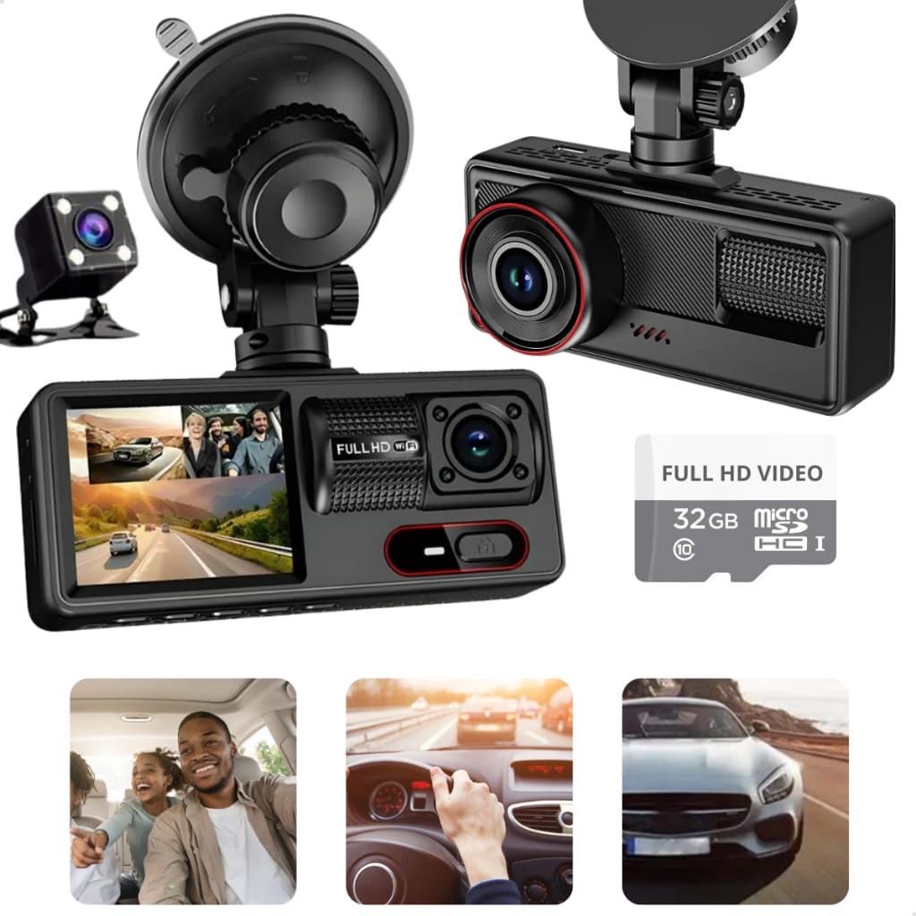 Dash Cam Câmera Veicular com Wi-Fi + Cartão de Memória 32Gb 3 Lentes Interna Externa Camera de Ré G-Sensor Lopp App