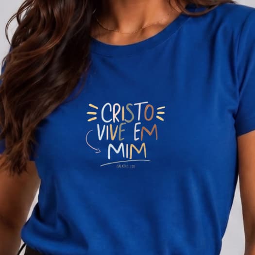 T-Shirt Feminina Cristã Cristo Vive Em Mim Minimalista Baby Look Evangélica 100% Algodão Penteado