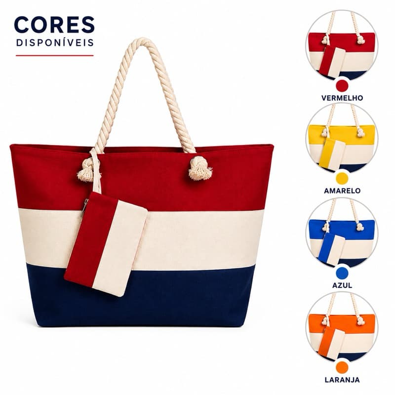 Bolsa de Praia Feminina Grande com Necessaire e Alça de Corda – Espaçosa, Leve e Estilo Náutico