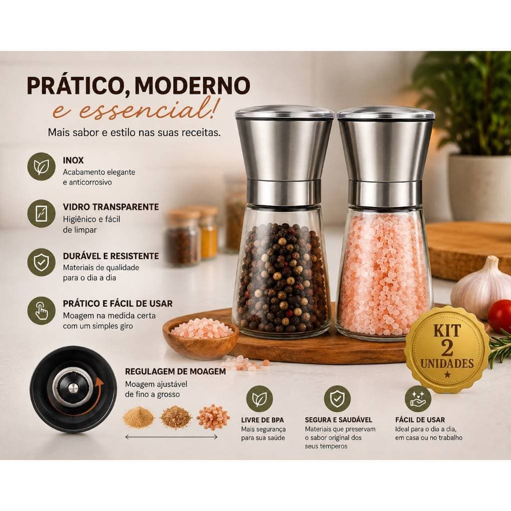Kit 2 Moedores de Sal e Pimenta Manual Inox Vidro Regulável Tempero Cozinha