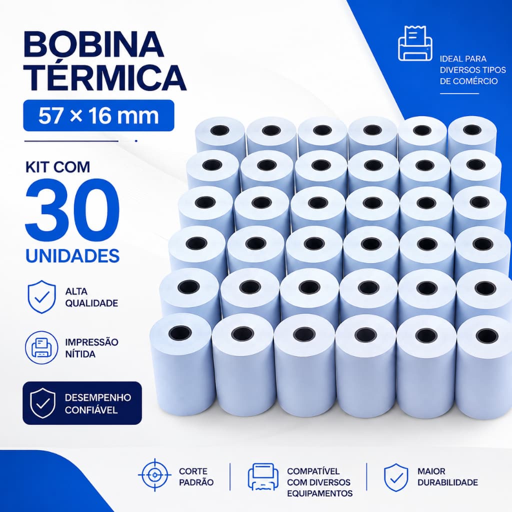 Kit 30 Bobinas Térmicas 57x16m para Mercado Pago Point Mini Point Smart Alta Qualidade