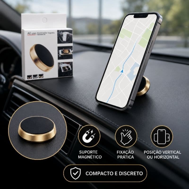 Suporte Magnético Universal para Celular Veicular – Compacto Preto e Dourado