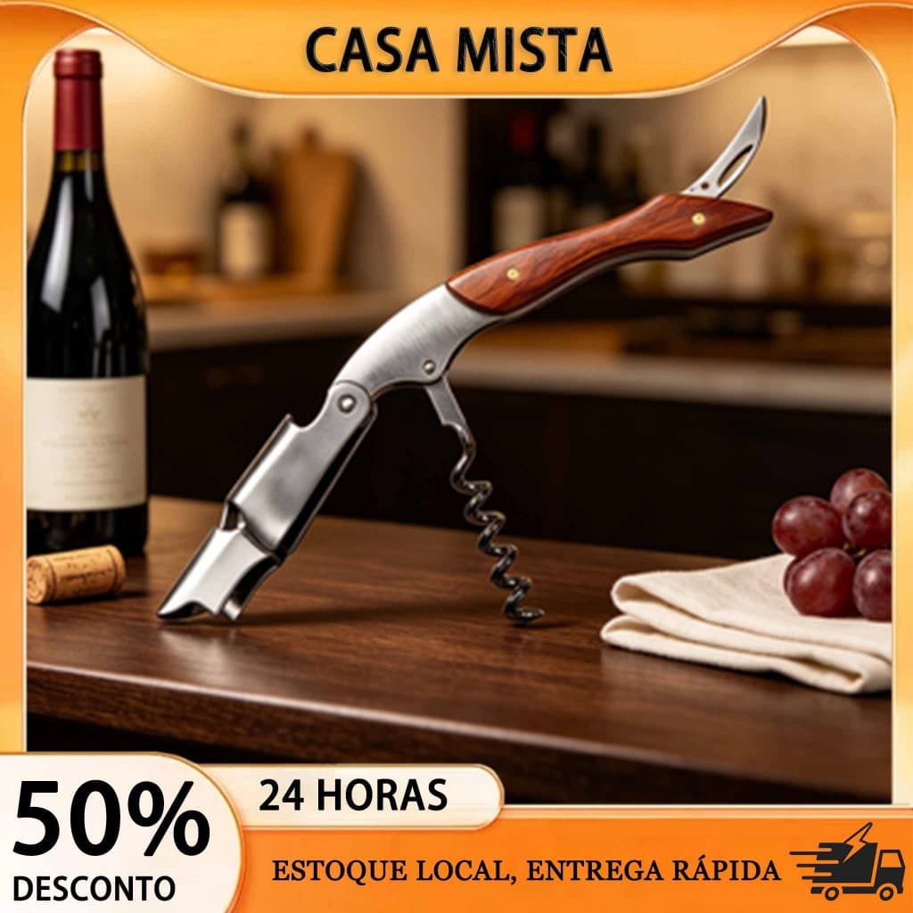Abridor de Vinho Saca-Rolhas Multifuncional Cabo Pau Rosa Aço Inoxidável Resistente para Uso Diário e Viagens